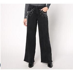 Me By Jennie Garth Size 10 Washed Black Wide Leg Pearl Detail Jean A671821 EUC